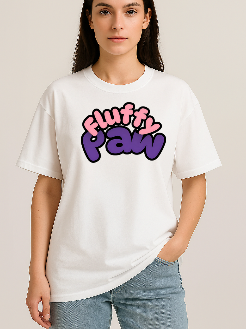 Unisex Pawfectly Fluffy oversized white t-shirt with playful "Fluffy Paw" graphic, soft breathable cotton, relaxed fit for pet lovers.