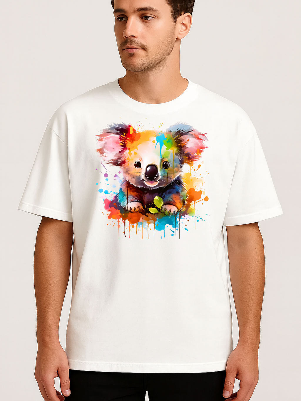 Unisex oversized white t-shirt with colorful koala splash art print on front, made of soft cotton for casual comfort