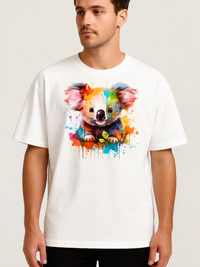 Unisex oversized white t-shirt with colorful koala splash art print on front, made of soft cotton for casual comfort