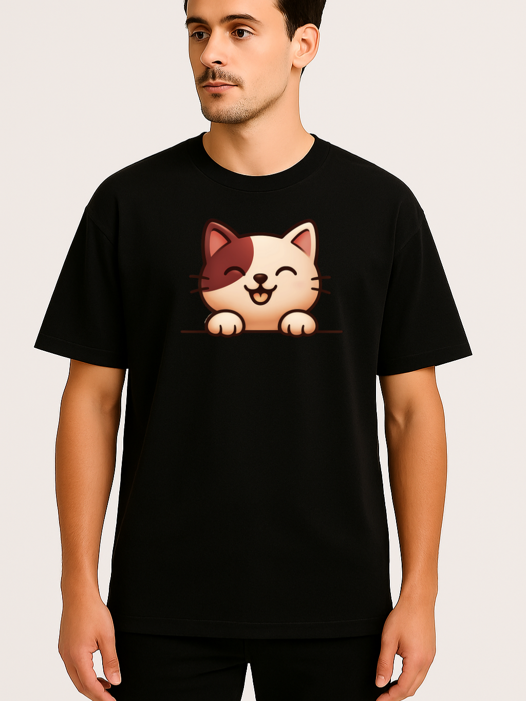 Unisex black oversized t-shirt with a playful smiling cat paw design, made from soft 100% combed cotton in eco-friendly inks.