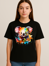 Unisex black oversized t-shirt featuring a colorful splash design of a cute koala on the front, made from soft cotton.