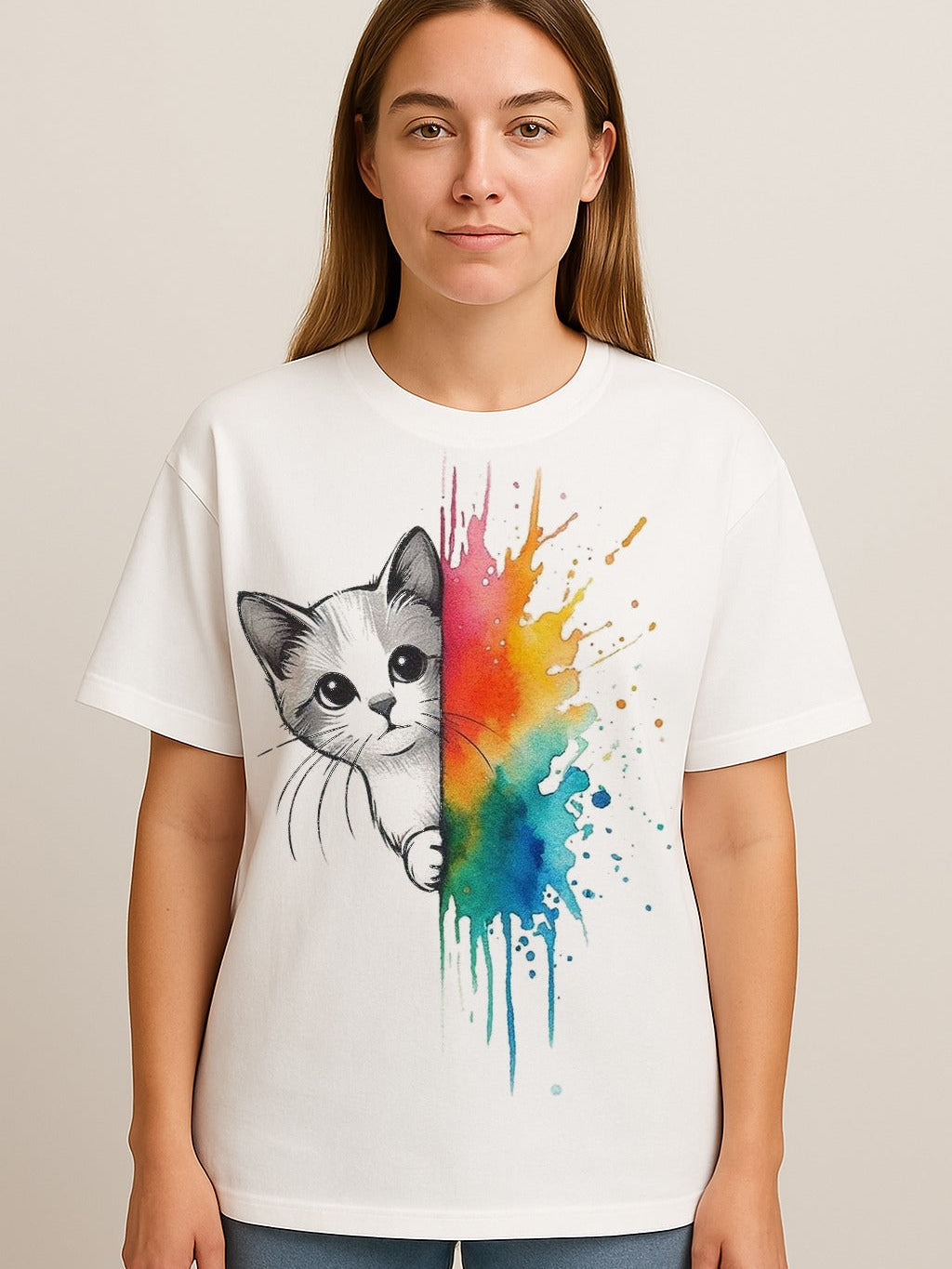 Woman wearing Peek-a-Paw Rainbow Splash oversized white tee with cat peeking from colorful rainbow paint splashes
