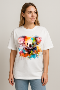 Unisex oversized white T-shirt featuring colorful splash art of a cute koala on the front.