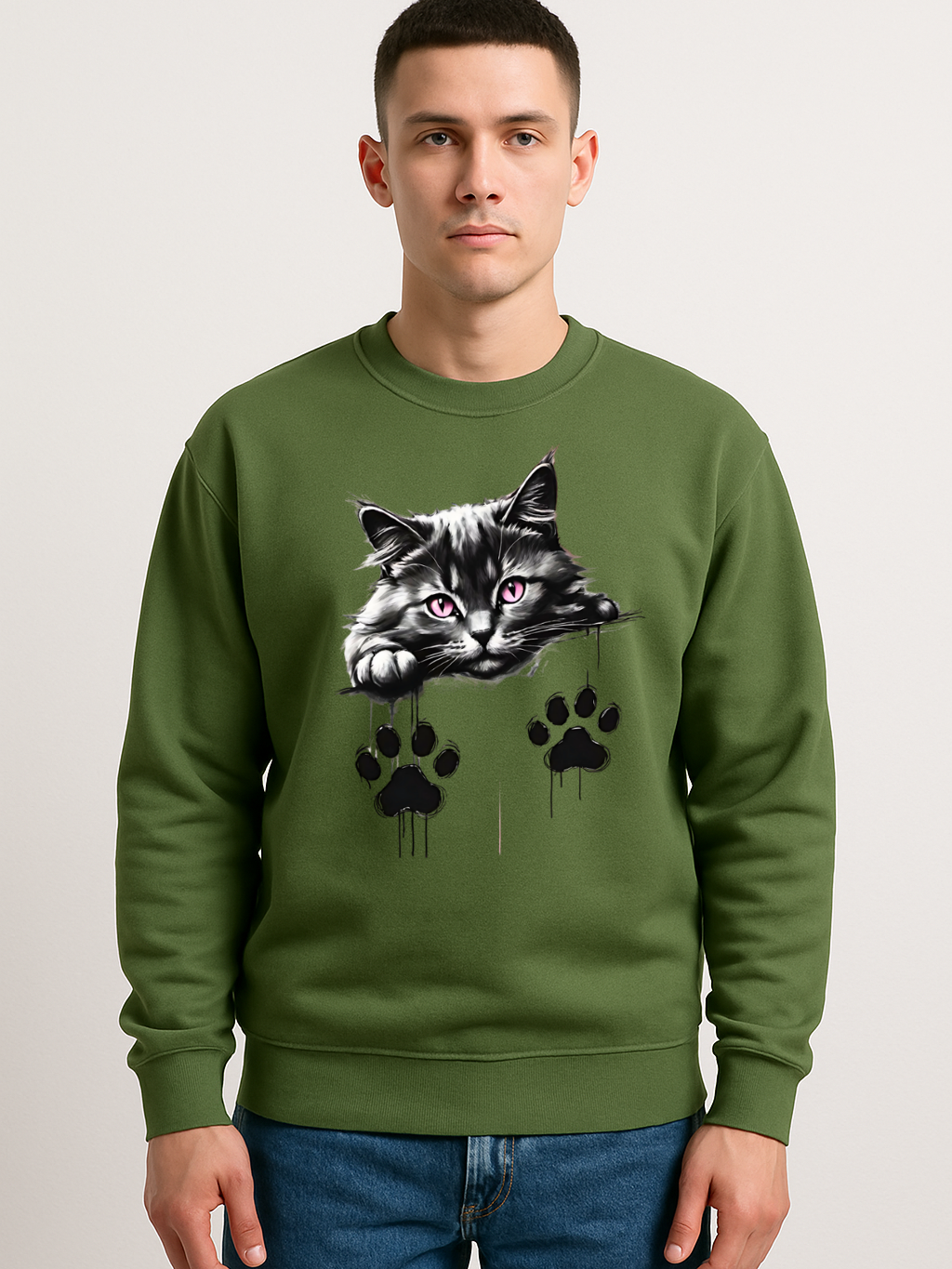 Unisex green sweatshirt with pink-eyed cat and black paw prints graphic design
