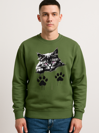 Unisex green sweatshirt with pink-eyed cat and black paw prints graphic design