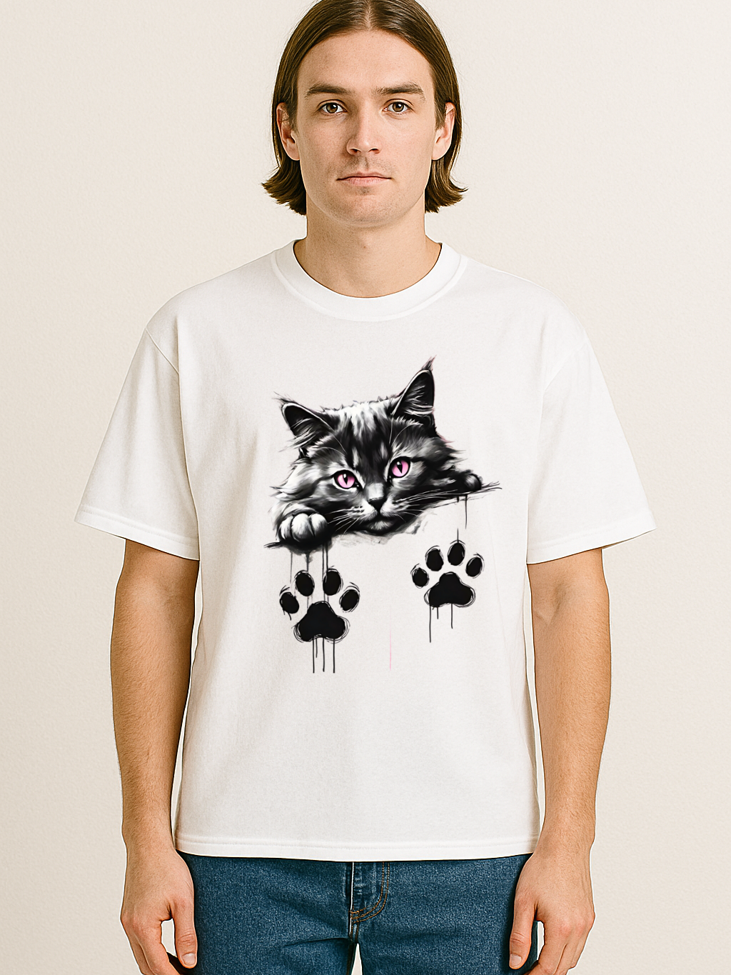 Unisex oversized white t-shirt featuring a black and gray cat with pink eyes and black paw prints design