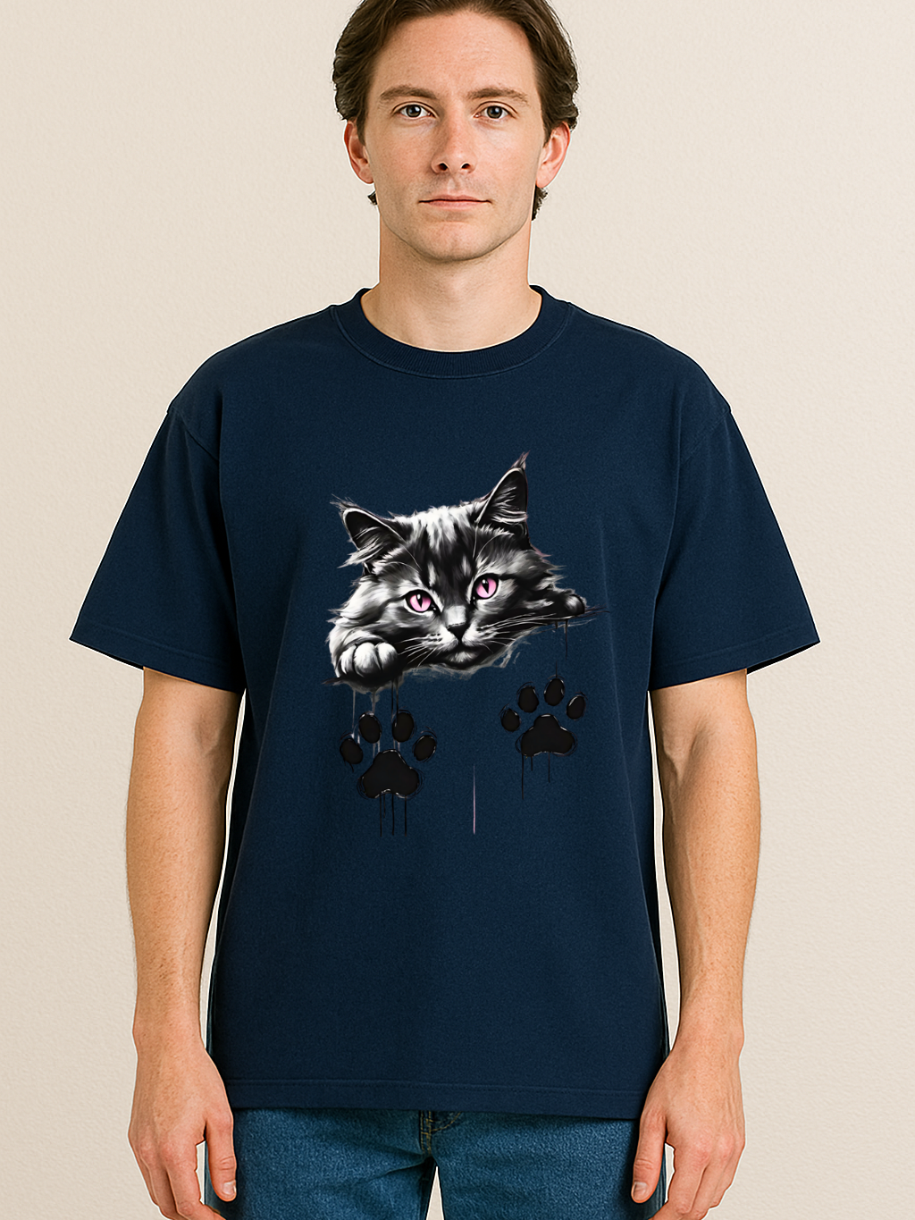 Unisex oversized navy t-shirt featuring a black and white cat with pink eyes and black paw prints design