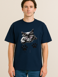 Unisex oversized navy t-shirt featuring a black and white cat with pink eyes and black paw prints design