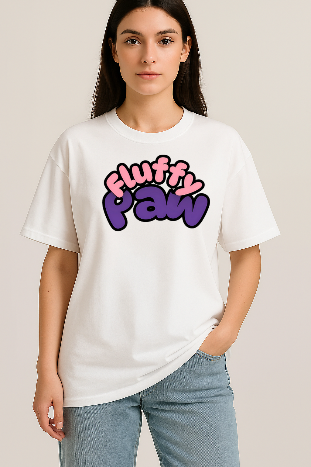 Unisex Pawfectly Fluffy oversized white t-shirt with playful "Fluffy Paw" graphic, soft breathable cotton, relaxed fit for pet lovers.