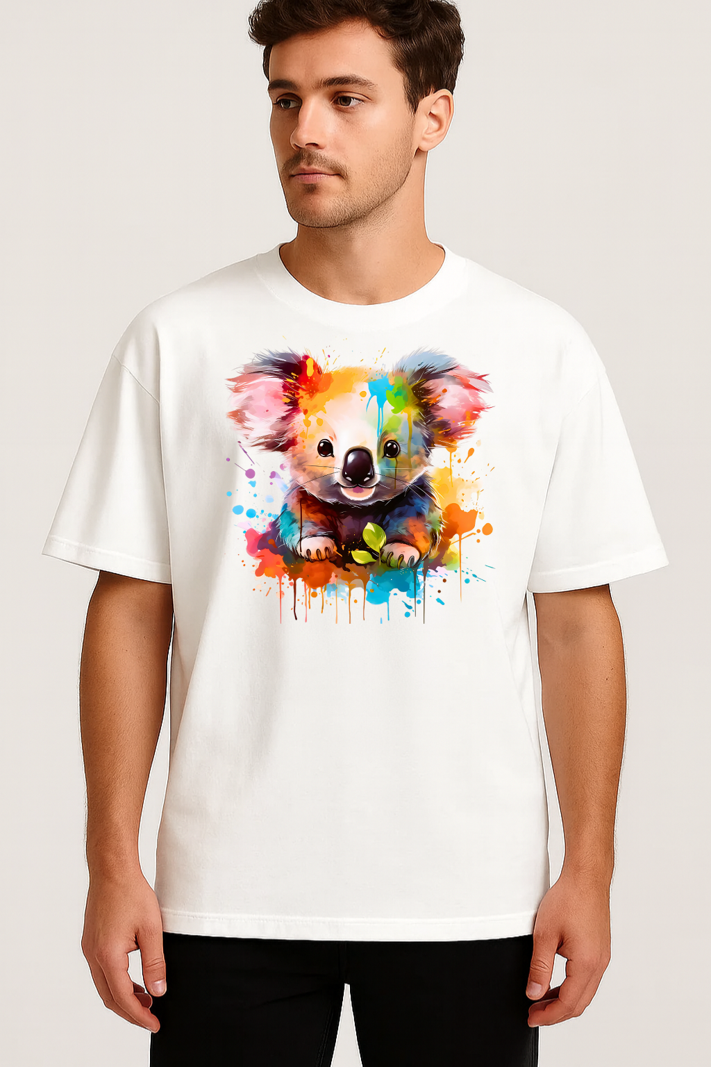 Unisex oversized white t-shirt with colorful koala splash art print on front, made of soft cotton for casual comfort
