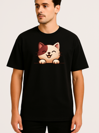 Unisex black oversized t-shirt with a playful smiling cat paw design, made from soft 100% combed cotton in eco-friendly inks.