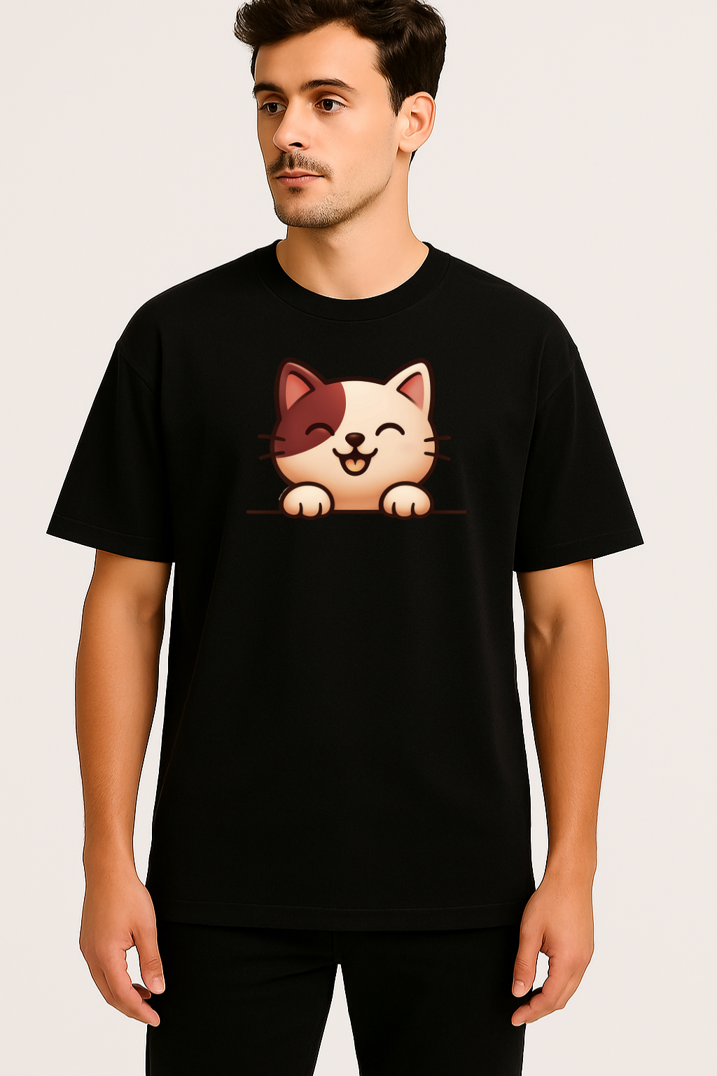 Unisex black oversized t-shirt with a playful smiling cat paw design, made from soft 100% combed cotton in eco-friendly inks.