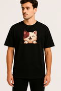 Unisex black oversized t-shirt with a playful smiling cat paw design, made from soft 100% combed cotton in eco-friendly inks.