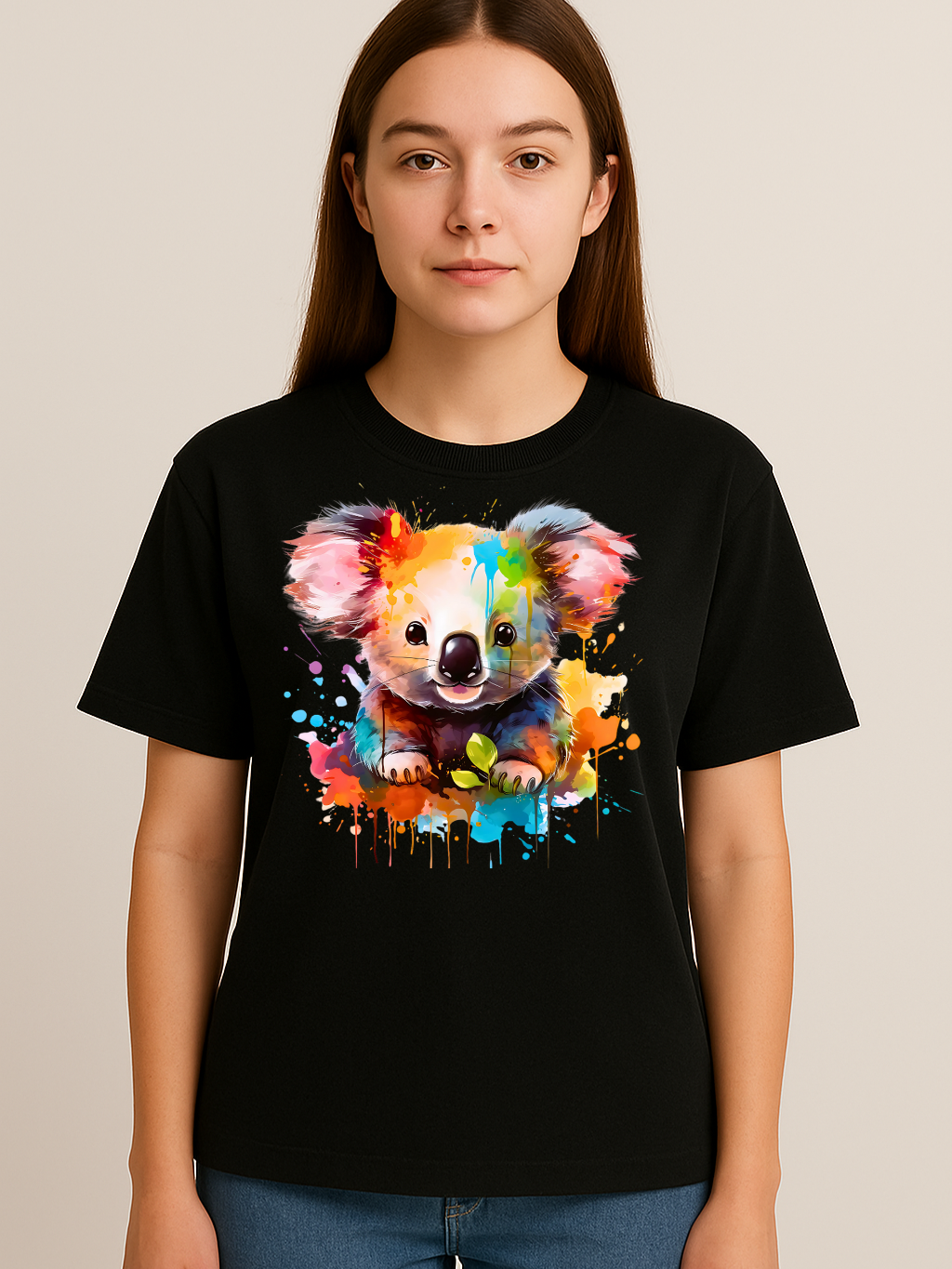 Unisex black oversized t-shirt featuring a colorful splash design of a cute koala on the front, made from soft cotton.