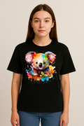 Unisex black oversized t-shirt featuring a colorful splash design of a cute koala on the front, made from soft cotton.