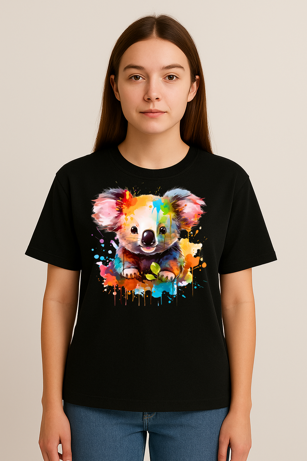Unisex black oversized t-shirt featuring a colorful splash design of a cute koala on the front, made from soft cotton.