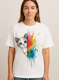 Woman wearing Peek-a-Paw Rainbow Splash oversized white tee with cat peeking from colorful rainbow paint splashes