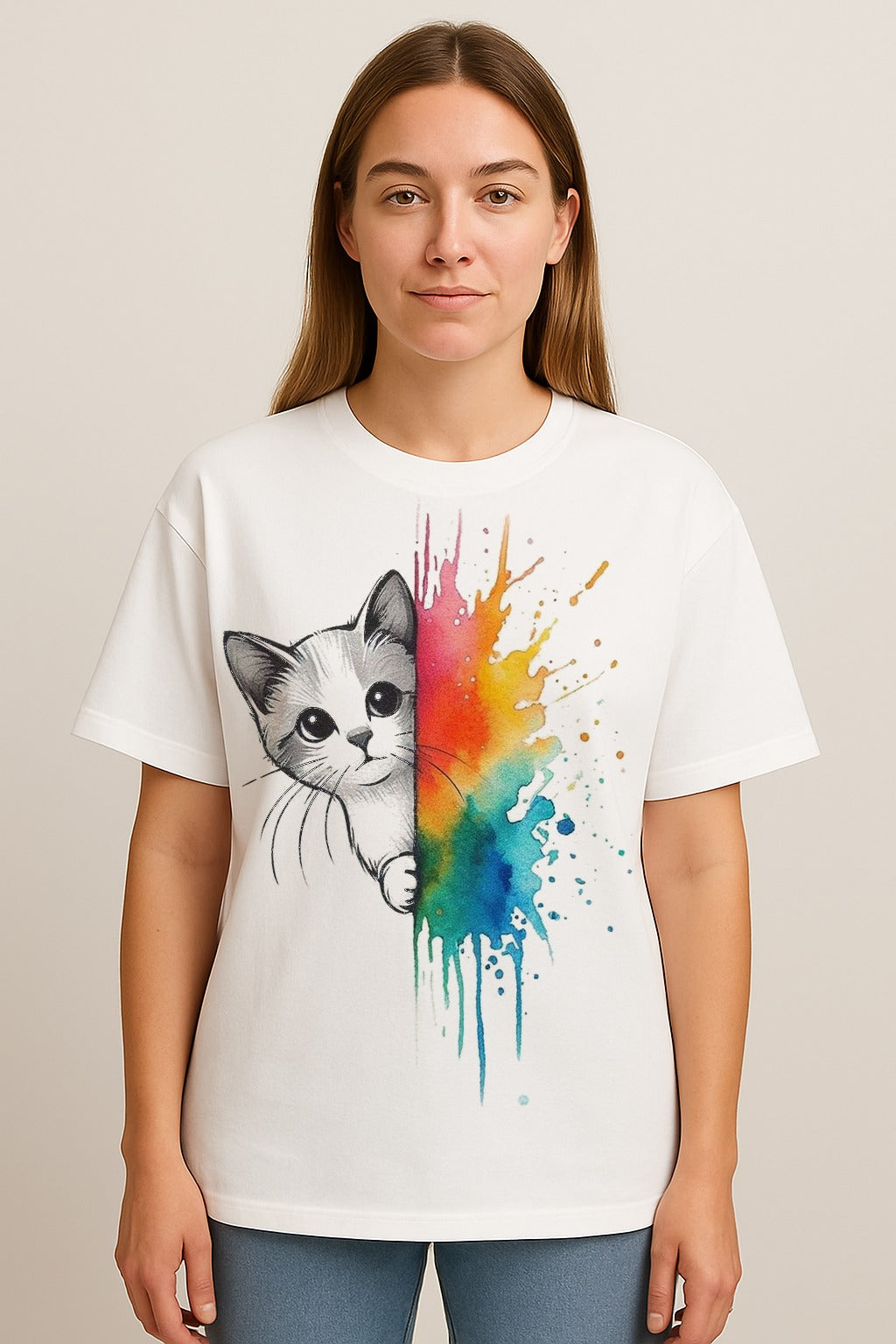 Woman wearing Peek-a-Paw Rainbow Splash oversized white tee with cat peeking from colorful rainbow paint splashes