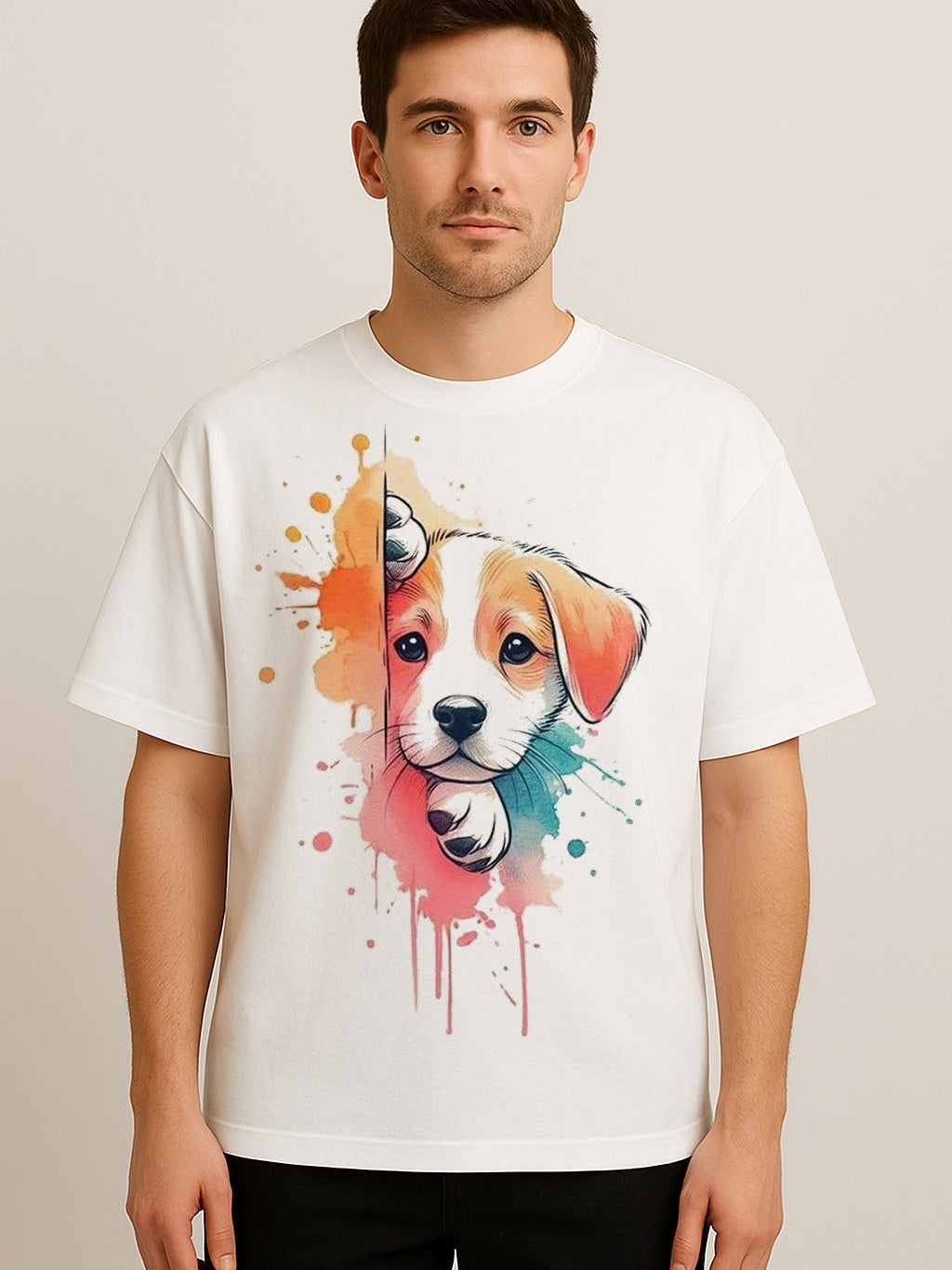 Unisex oversized white t-shirt with colorful puppy peek graphic and pastel splashes