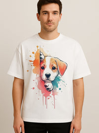 Unisex oversized white t-shirt with colorful puppy peek graphic and pastel splashes