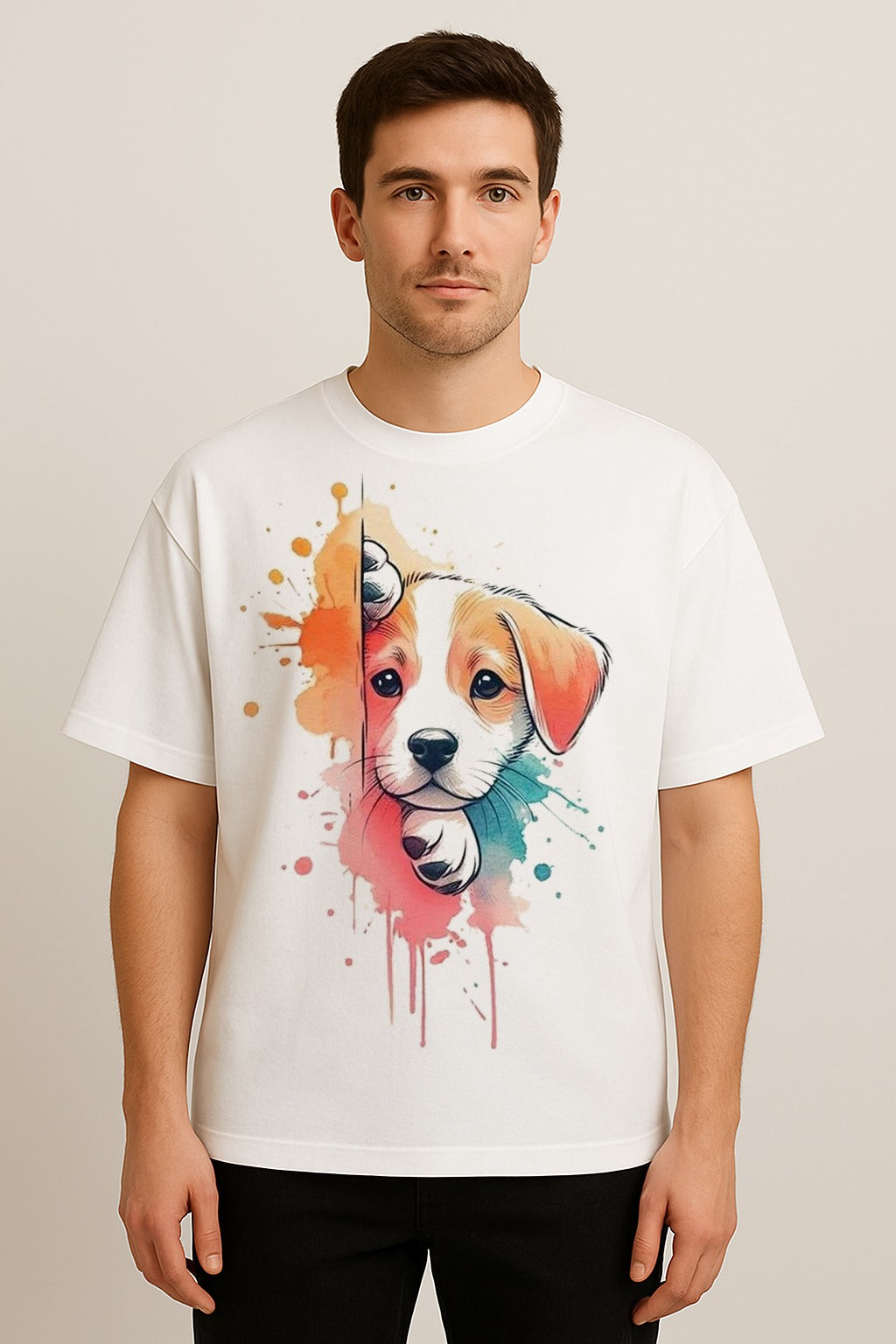 Unisex oversized white t-shirt with colorful puppy peek graphic and pastel splashes