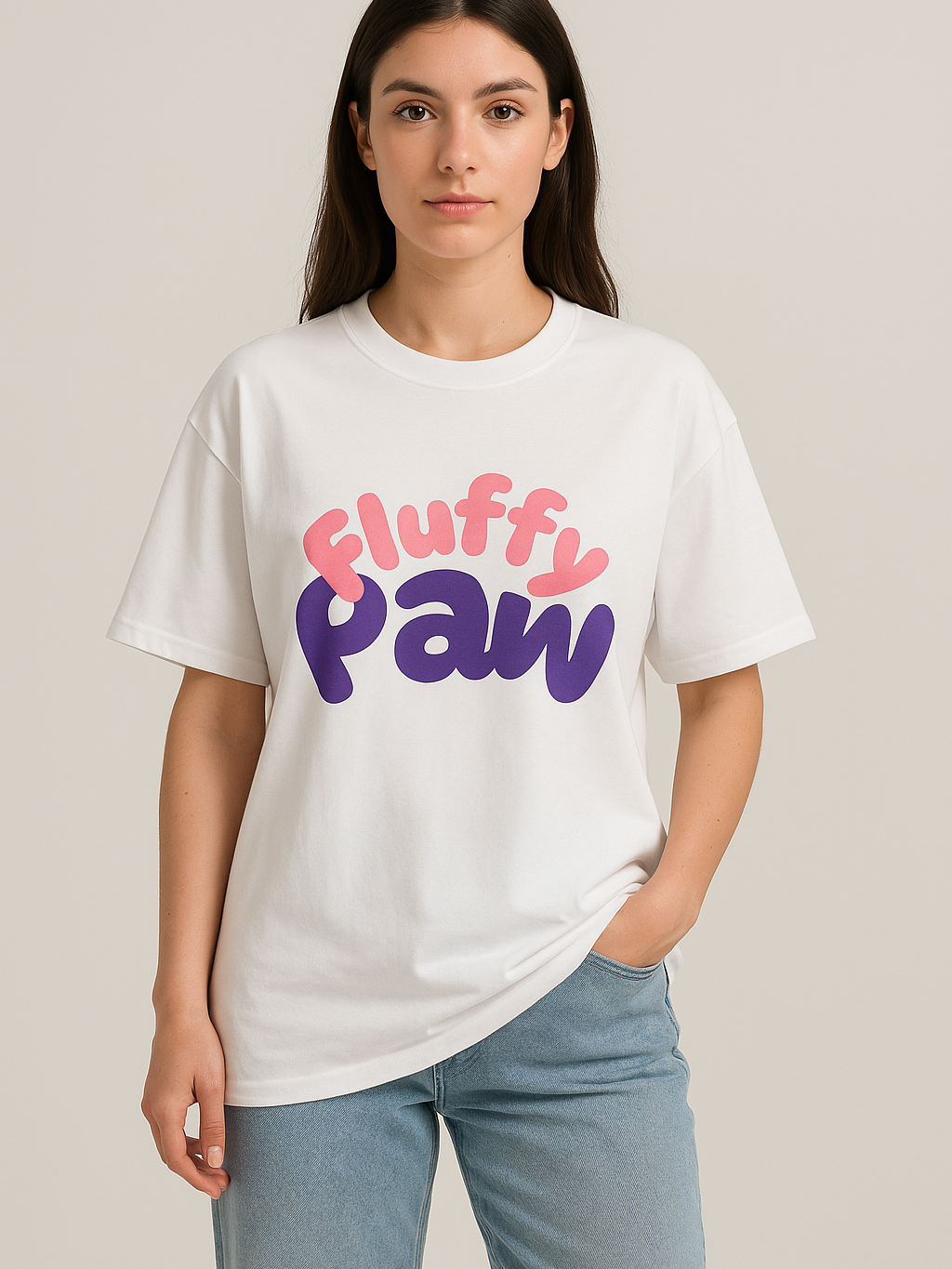 Unisex white oversized t-shirt with colorful "Fluffy Paw" text print, styled casually with jeans.