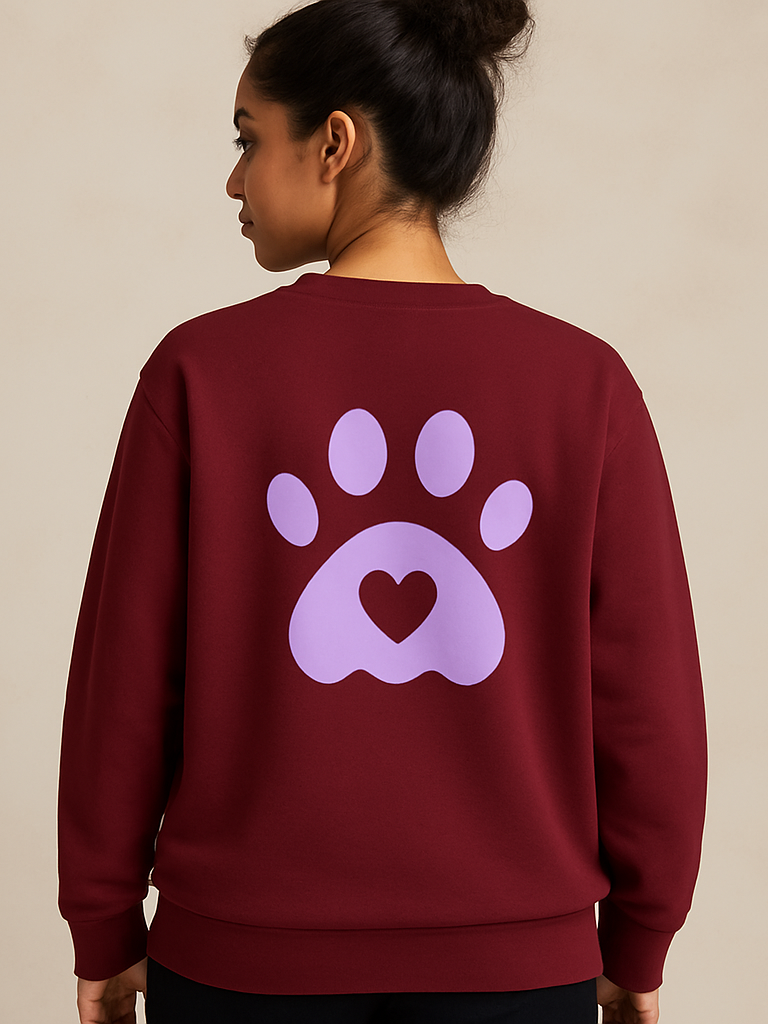 Unisex maroon sweatshirt with purple paw print and heart design on back, made of 100% combed cotton, wrinkle-free and smooth fabric.