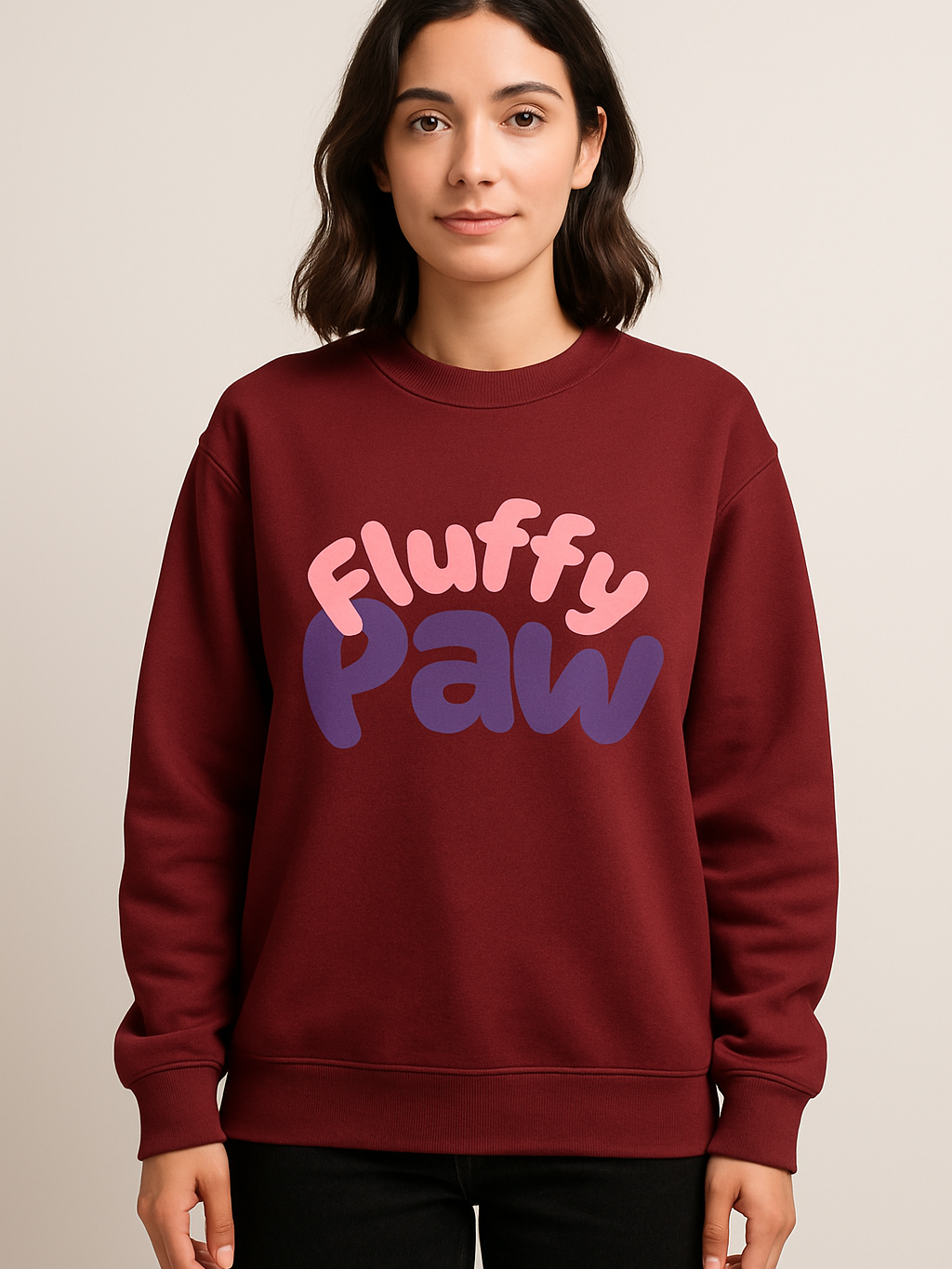 Unisex maroon crew neck sweatshirt with "Fluffy Paw" text print, made of 100% combed cotton, regular fit.