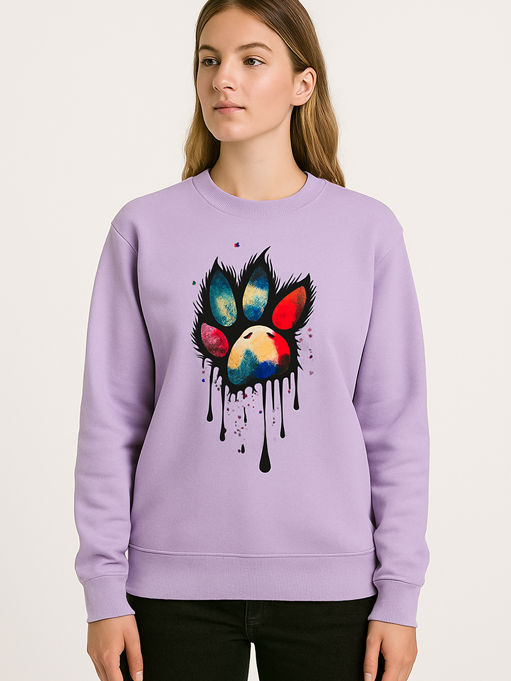 Unisex lavender sweatshirt with vibrant multi-hue dripping paw print design on front