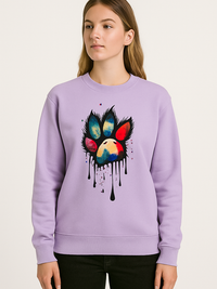 Unisex lavender sweatshirt with vibrant multi-hue dripping paw print design on front