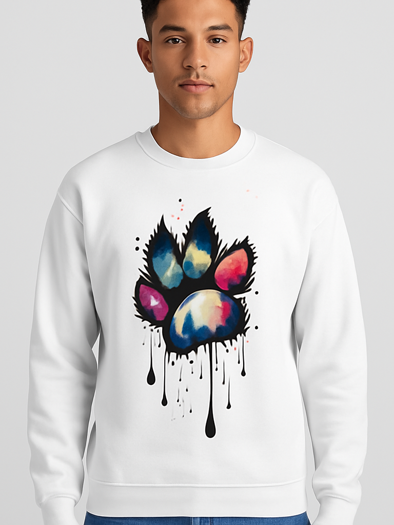 Unisex white sweatshirt featuring a vibrant multi-hue paw print design with colorful, dripping paint effect on the front.