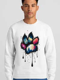 Unisex white sweatshirt featuring a vibrant multi-hue paw print design with colorful, dripping paint effect on the front.