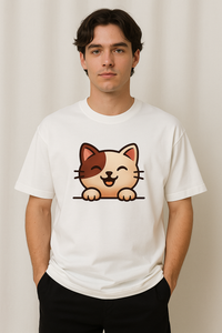 Unisex white oversized T-shirt with a smiling cartoon cat face design on the front, featuring short sleeves and a relaxed fit.