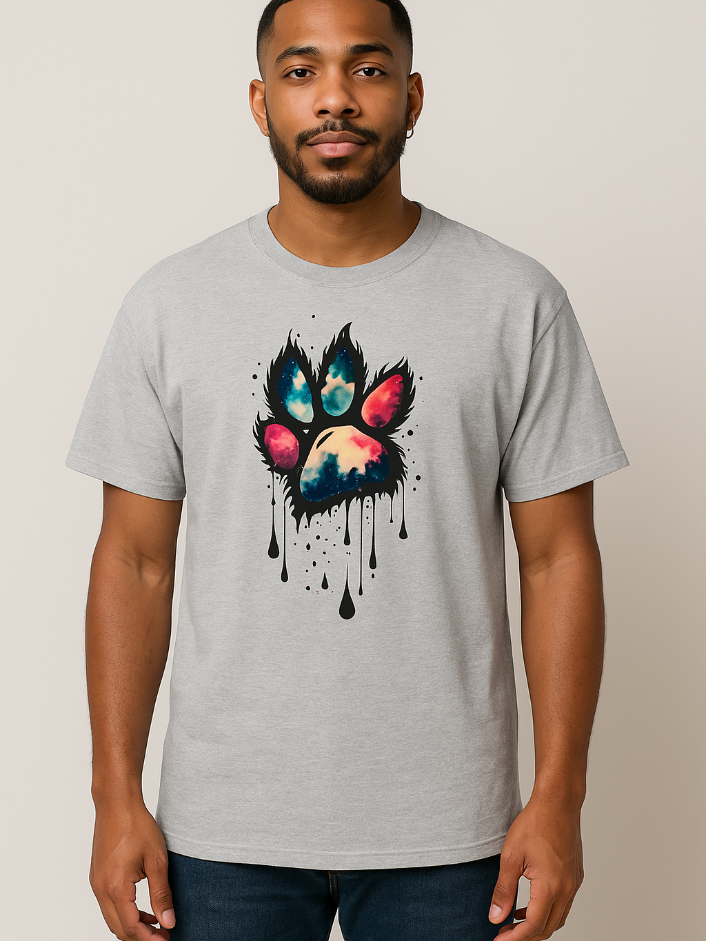 Unisex light grey oversized t-shirt with colorful dripping paw print design