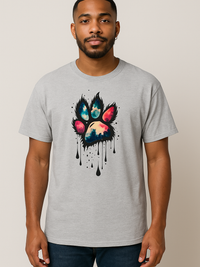 Unisex light grey oversized t-shirt with colorful dripping paw print design