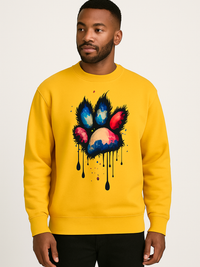 Unisex yellow sweatshirt with multi-hue colorful paw print design, crew neck, and regular fit.