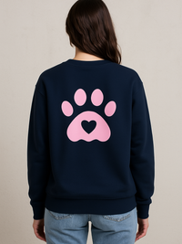 Unisex navy sweatshirt with pink paw print and heart design on back, made from 100% combed cotton, wrinkle-free and smooth fabric.