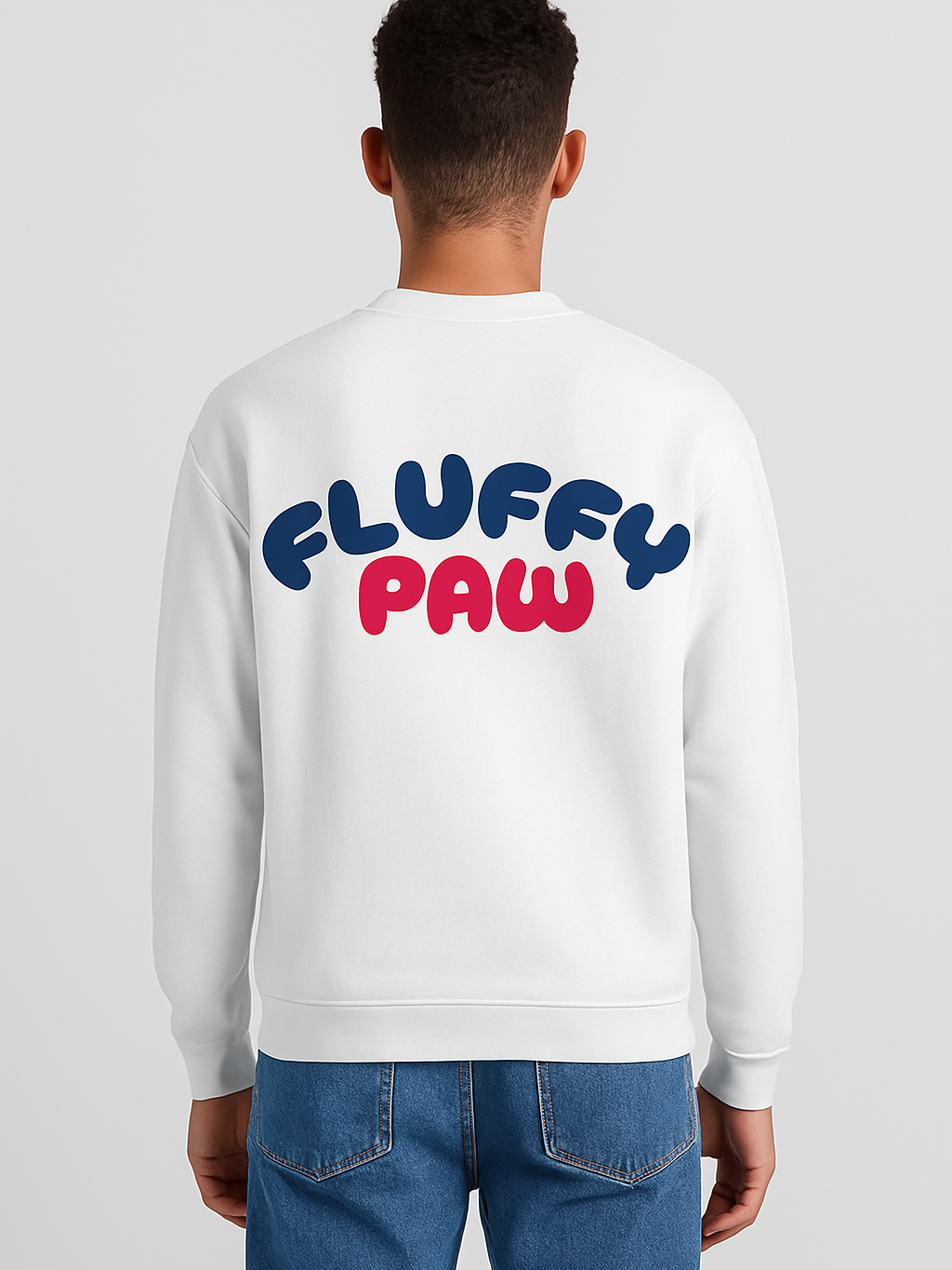 Unisex white sweatshirt with "Fluffy Paw" multicolor text on back, made of 100% combed cotton, crew neck, regular fit.