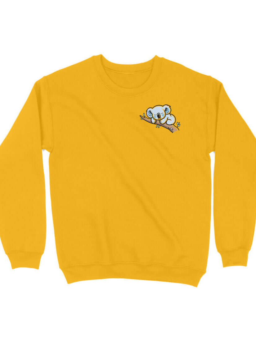 Yellow crew neck sweatshirt featuring a koala design, made from 100% combed cotton for wrinkle-free wear.