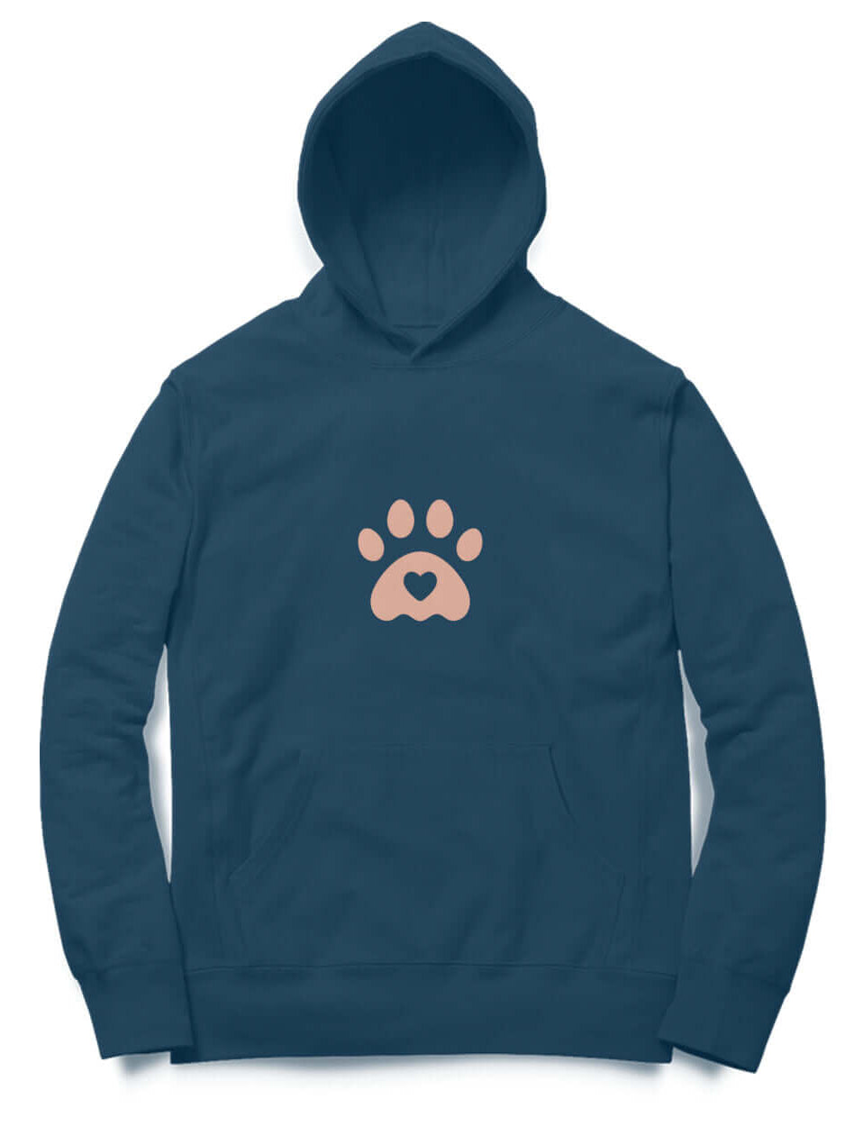 FluffyPaw Oversized Hoodie in navy blue with paw print design, unisex, sustainable fabric.