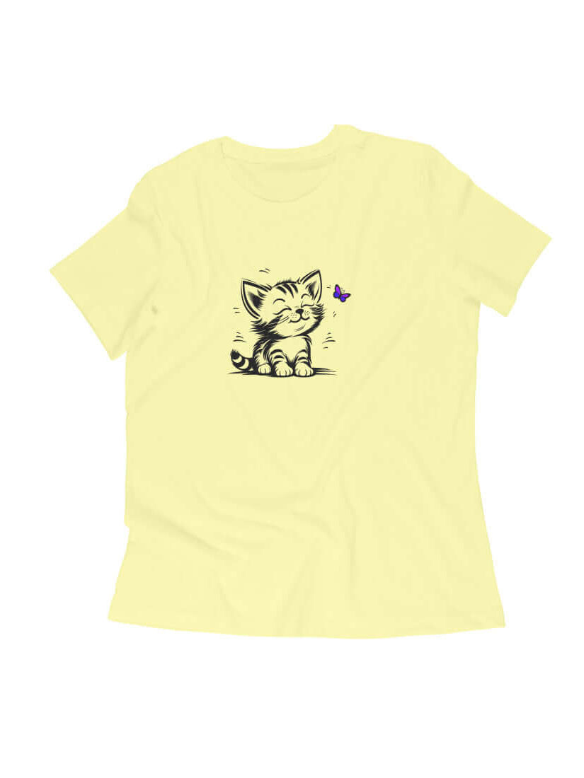 FluffyPaw Women's Kitten T-Shirt in soft yellow fabric with cute kitten and butterfly design.