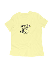 FluffyPaw Women's Kitten T-Shirt in soft yellow fabric with cute kitten and butterfly design.