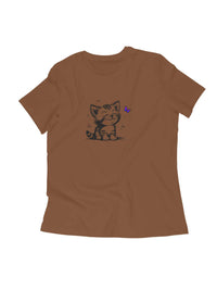 Women's brown t-shirt with kitten and butterfly design, FluffyPaw.