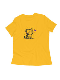 FluffyPaw Women's Kitten T-Shirt in yellow with kitten and butterfly design.