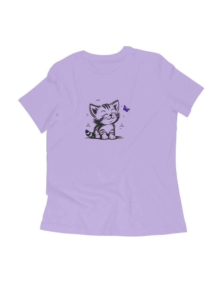 FluffyPaw Women's Kitten T-Shirt in soft lavender with a cute kitten and butterfly design.