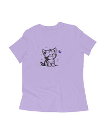 FluffyPaw Women's Kitten T-Shirt in soft lavender with a cute kitten and butterfly design.