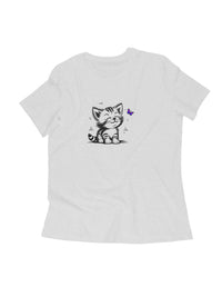 FluffyPaw Women's Kitten T-Shirt with cute kitten and butterfly design, soft fabric, sustainable print.