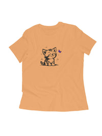 FluffyPaw Women's Kitten T-Shirt with cute cat and butterfly design.