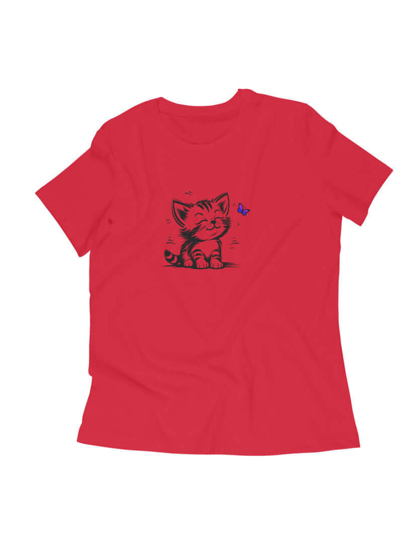 FluffyPaw Women's red kitten t-shirt with soft fabric and unique design.