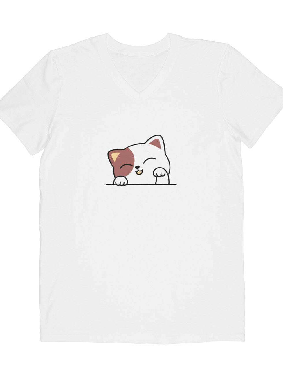 White FluffyPaw Logo V-Neck T-shirt featuring a cute cat design.
